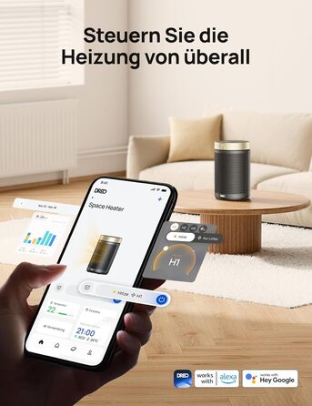 Dreo Energy-Saving Heater, 1500W Energy-Saving Quiet Room Heater, Portable Ceramic Fan Heater, Thermostat 3 Modes 12H Timer, Overheat and Tip-Over Protection, for Bedroom, Atom 316, Gold Gold WiFi