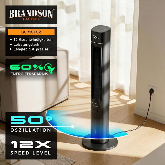 Вентилятор вежа Brandson з функцією охолодження водою ECO Design, тихий, DC мотор, з пультом, чорний матовий
