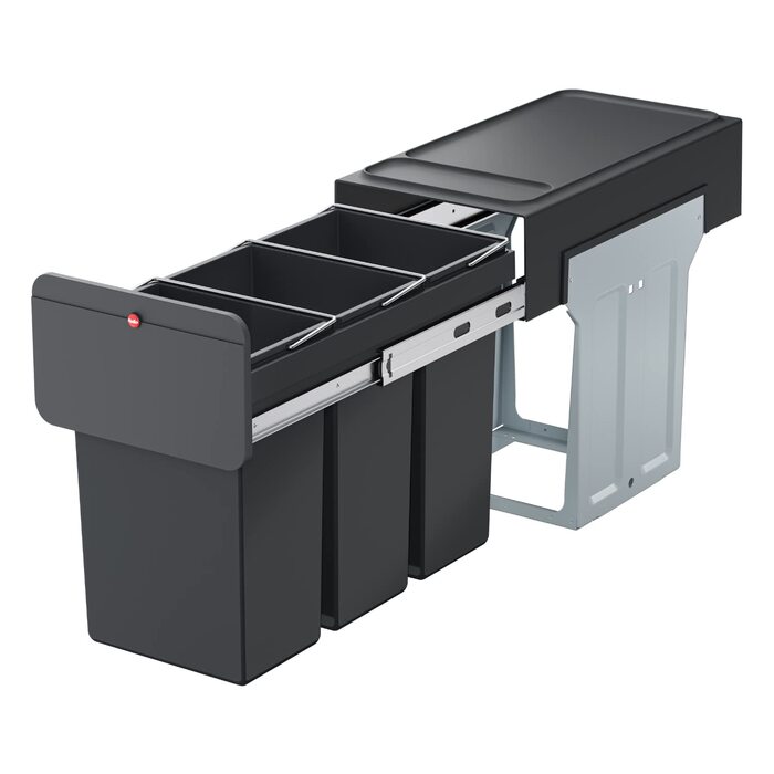 Hailo EcoLine Design Trio L Built-in Waste Separation System - Trio Waste Bin with Full Extension - Steel Sheet - Black - 25.6 x 41.8 x 48.6 cm - 3 x 10 l (3 x 10 Liters)