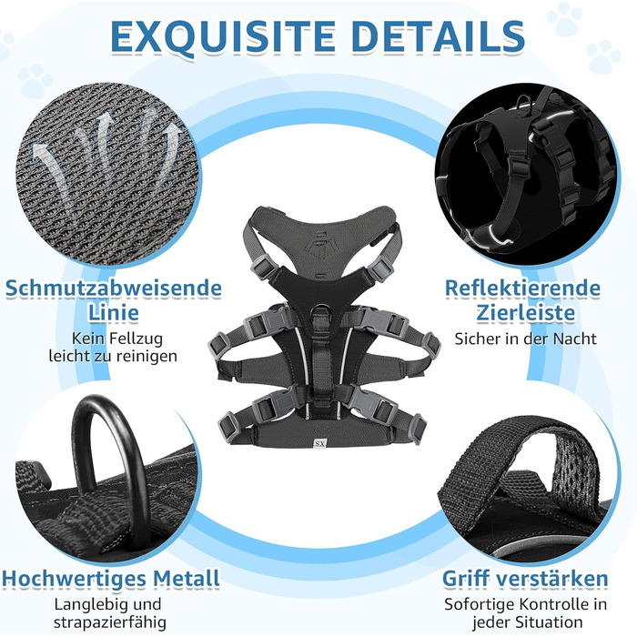 Шлейка для собак маленьких та середніх порід, легка та дихаюча, не тягне, з ручкою, світловідбиваюча, нейлон, з переднім кріпленням, для прогулянок та повсякденного використання, чорна, розмір S