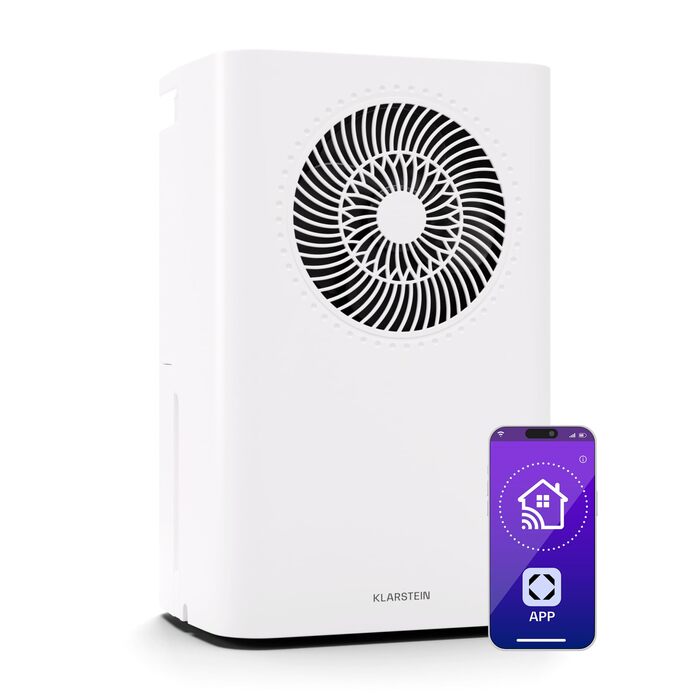 Зволожувач повітря Klarstein CircleDry 12L Smart з Wi-Fi, тихий (38dB), таймер 24г, безперервна злив, контроль вологості, для приміщень до 24м², білий