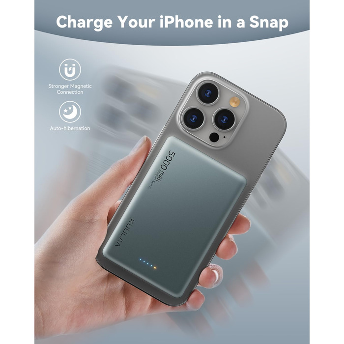 Powerbank Kuulaa Magsafe 5000mAh PD 20W, Slim, 8mm, Бездротовий, для iPhone 15/14/13/12, Темно-сірий