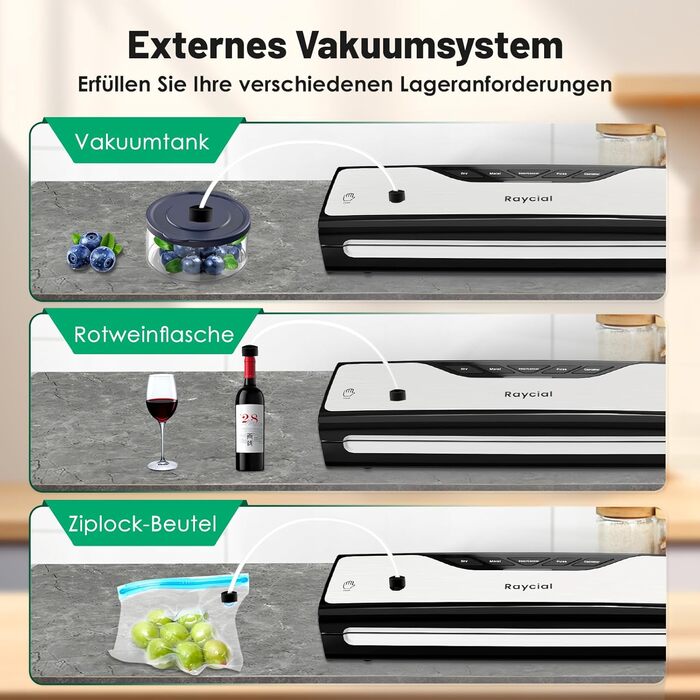 Вакуумний пакувальник Raycial 5-в-1: для сухої/вологої їжі, консервів, з набором пакетів та ріжучим ножем, чорний