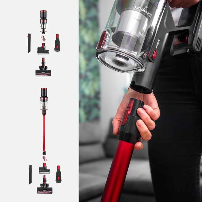 Акумуляторний пилосос LEHMANN 3-в-1: бездротовий, з HEPA-фільтром, LED-щіткою, для прибирання шерсті тварин, килимів та авто. Час роботи: 45 хв, об'єм контейнера: 1,8 л.