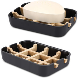 Підставка для мила з бамбука та дерева Fufengz для душу та ванни (чорна)