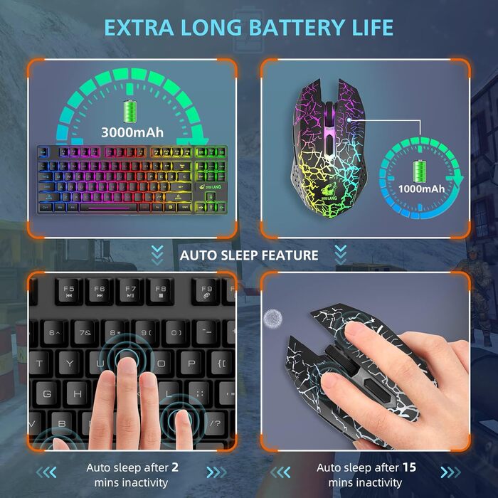 Механічна ігрова комбо клавіатура та миша з підсвічуванням Rainbow: клавіатура 87 клавіш, миша 2400DPI з 6 кнопками, та килимок для миші (чорний)