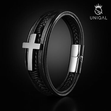 Браслет шкіряний чоловічий UNIQAL 'HEAVEN' з хрестом, магнітний замок, срібний, 21 см + подовжувач, в подарунковій коробці