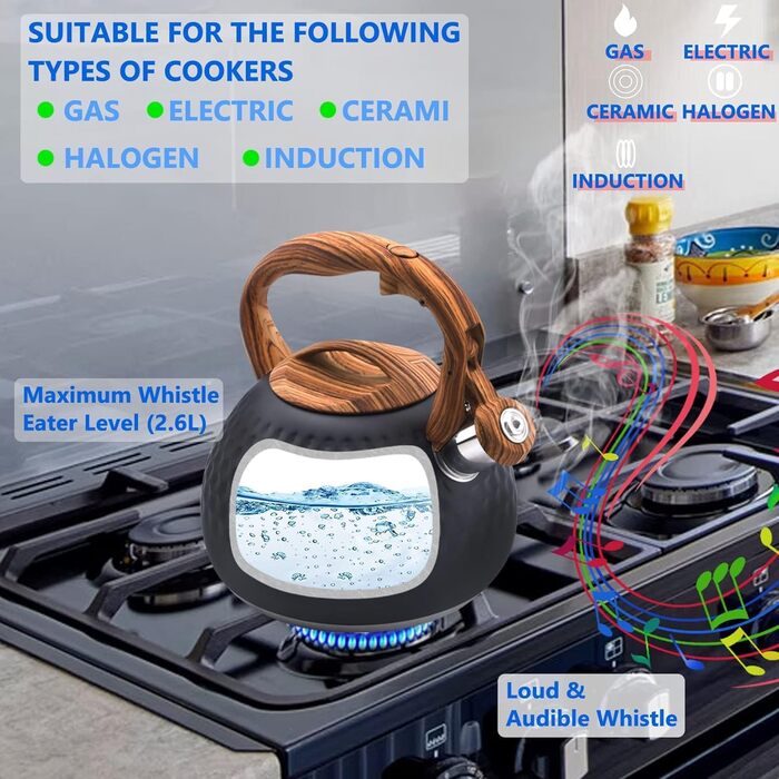 Чайник Teekessel Herd 3.2 л з нержавіючої сталі, для плити (газ, електрика), з дерев'яною ручкою, чорний