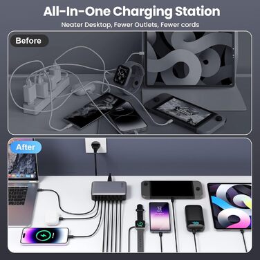 Зарядний пристрій Feob 200W USB-C GaN III 8-Port з PPS PD 65W для MacBook, iPhone, Steam Deck, смартфонів - Чорний