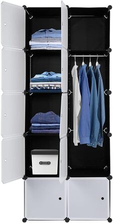 Regal system, 10 cubes, plastic wardrobe with doors, modular cabinet for space-saving storage, 70 x 45 x 175 cm, white door & black cabinet, for storing clothes, shoes, etc.