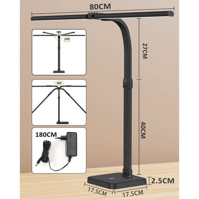 Tantu Adjustable LED Desk Lamp with Dual Heads - 24W, 80cm, 5 Color & 5 Brightness Levels, Gooseneck & Base - Black Office Lamp