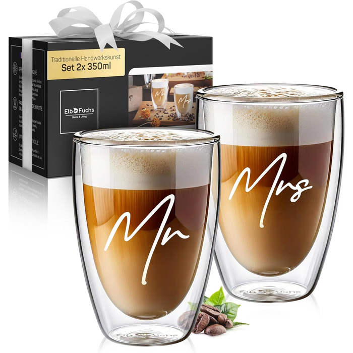 Набір склянок для лате макіато з подвійними стінками (4 шт.) | Mr & Mrs | 350 мл | Ідеально для кави, чаю, капучіно