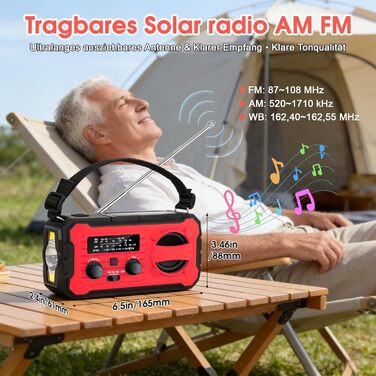 Радіо FIVAVA на сонячних батареях з ручним генератором, Powerbank 10000mAh, AM/FM, SOS-сигнал, LED-ліхтарик для кемпінгу та надзвичайних ситуацій (Червоний)