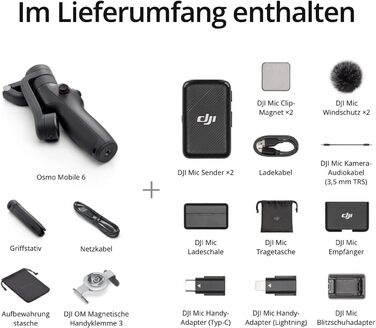 Стабілізатор DJI Osmo Mobile 6 для iPhone/Android, 3-осьовий, з інтегрованим висувним штативом, трекінг об'єкта, для зйомки відео, YouTube, TikTok (Сірий, з мікрофоном DJI Mic (2 передавачі + 1 приймач + зарядний футляр))