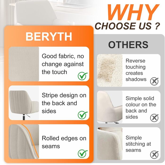 Офісний стілець для дому та офісу до 136 кг, обертовий, оксамитовий, з підлокітниками та колесами, ергономічний, білий. Стільчик для макіяжу, регульована висота.