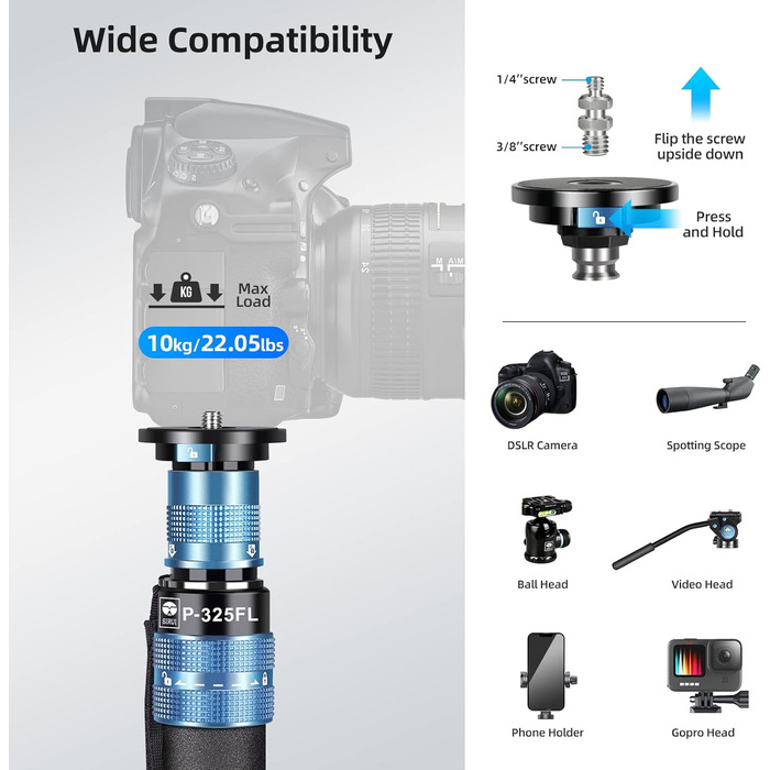 Штатив-монопод SIRUI P-325FL з вуглецевого волокна: легкий, з 5 секціями, навантаження до 10 кг