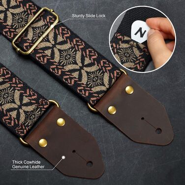 Гітарний ремінь Nefelibata з жаккардової вишивки, бавовна, з шкіряними кінцями Crazy Horse, для бас-гітари, електро- та акустичної гітари, подарунок для дітей та гітаристів (золота вишивка) Y#-золота вишивка