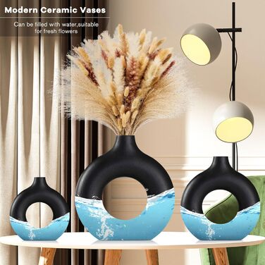 Набір ваз для квітів - 2 шт. з кераміки, білі, для декору будинку, сухоцвітів, Pampas grass, подарунок, малі та середні розміри (чорний)