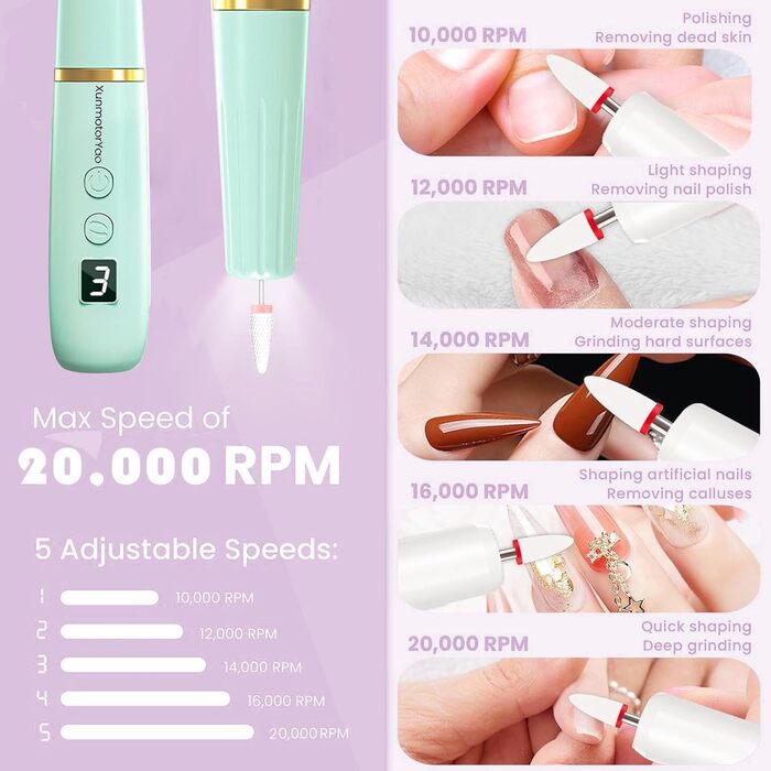 Електричний фрезер для нігтів 12 в 1 USB перезарядна машина для манікюру та педикюру 20000 RPM (Зелений)