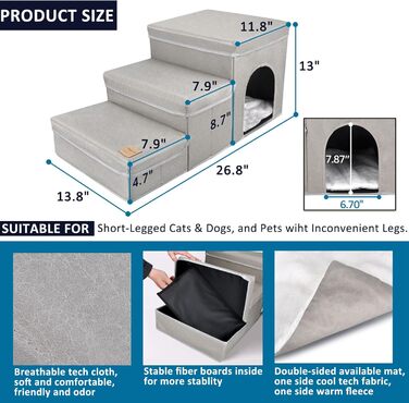 3-Step Dog Stairs, Foldable Pet Stairs for Sofa & Bed, Removable Pet Stairs Folding with Storage Box, Multifunctional Pet Ladder for Small Dogs Cats (Gray)
