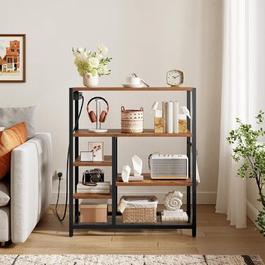 HOOBRO Поличка кухонна з розеткою (3 розетки з вимикачем), підлогова, для мікрохвильової печі з 3 знімними S-гачками, 5 ярусів, для кухні та вітальні, вінтажний коричневий та чорний колір, EBF25CHB01