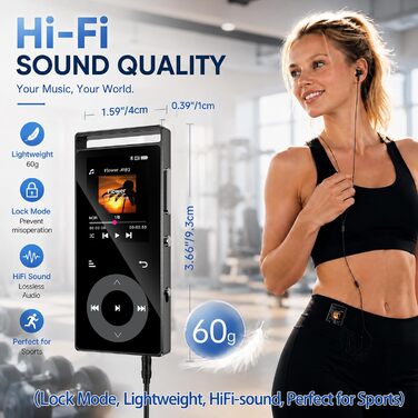 MP3-плеєр з Bluetooth 5.3 та HiFi-звуком, 90 ГБ, сенсорні кнопки, кольоровий дисплей, металевий корпус, FM-радіо, підтримка e-books, розширювальна пам'ять до 128 ГБ, чорний