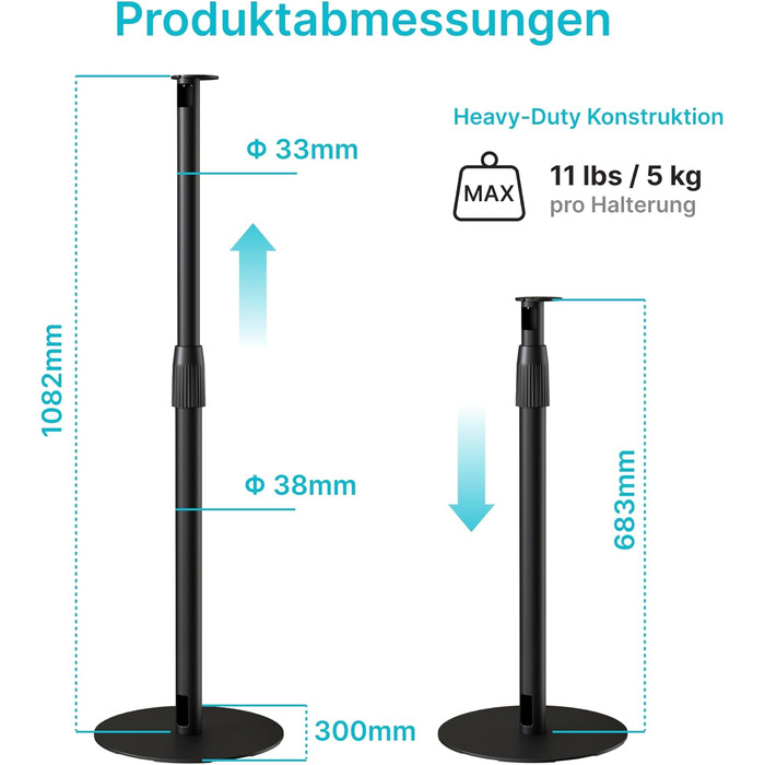 Підлогові стійки для колонок, сумісні з SONOS Era 300 та Era 100, чорні, 2 шт. (до 108 см, 5 кг)