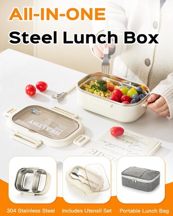 Ланчбокс Lille Home з нержавіючої сталі з 2 відділеннями, 850 мл, витокозахисний, з сумкою та столовим прибором, BPA-free (Бежевий)