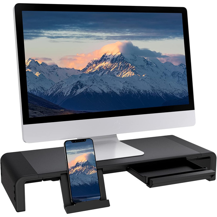 Складана підставка для монітора з регульованою шириною, сумісна з iMac, ноутбуками, принтерами, з висувною шухлядою та тримачем для планшета і смартфона, чорна