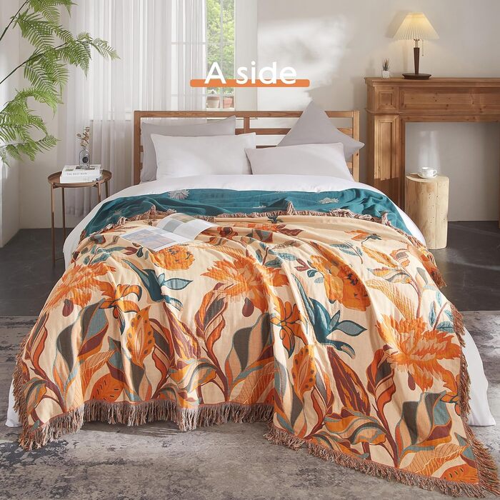Богемна ковдра Softexly Boho Decke 100% бавовна – двостороння муслінова ковдра 150x200 см, м'яка софа та покривало для ліжка, естетичний дизайн, ідеально підходить для вітальні та спальні, помаранчевий/зелений, Blütentraum