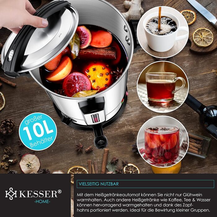 KESSER® 10L Stainless Steel Mulled Wine Warmer. Includes 10 Cups. Mulled Wine Cooker with Thermostat, Mulled Wine Dispenser, Hot Beverage Dispenser, Kettle, Hot Water Dispenser, Canning Device, Level Indicator, Tap.