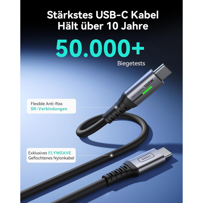 Кабель USB-C 100W, 2м, чорний: для iPhone, Samsung, Pixel, iPad, MacBook
