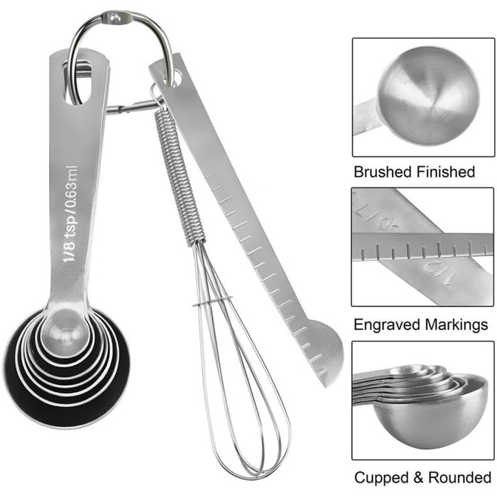 9-Piece Measuring Spoon Set, Stainless Steel Nesting Measuring Spoons with Long Handle, Measuring Teaspoons, Metal Measuring Cups