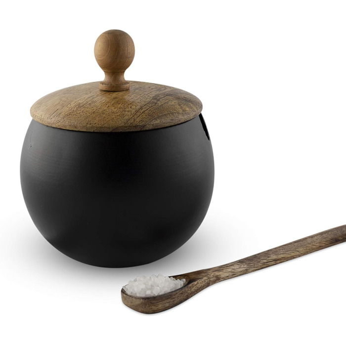 ГоCraft цукорниця з дерев'яною кришкою та ложкою для дому та кухні, у формі барабана (матове чорне покриття)