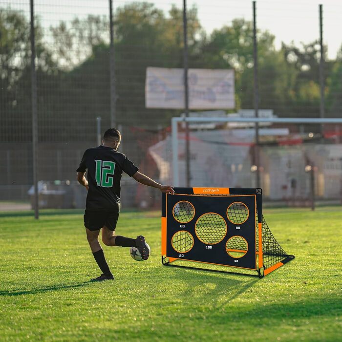 TTCB Sports 2-in-1 Kids Soccer Goal - 5 Target Areas, Pop-Up Soccer Goal Net with Carry Bag, Ideal for Soccer Training & Gifts for Boys - Orange, 150x120x120cm