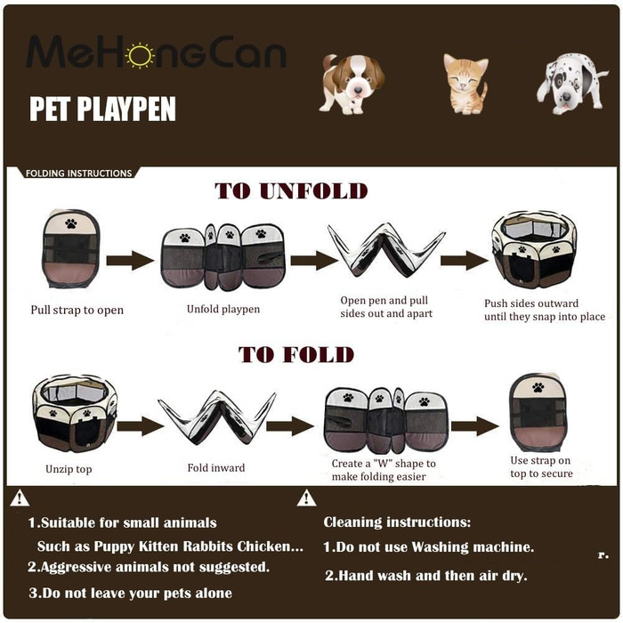 Переносне огорожа для тварин, вольєр для собак та котів, кроликів, тренувальний намет для домашніх тварин, для дому та вулиці (Розен), коричневий