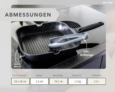 Сковорідка гриль 28 см з рифленою антипригарною поверхнею та знімною ручкою, для всіх типів плит (індукція) – для стейків та овочів гриль, з щипцями, без PFOA/PFOS, чорна