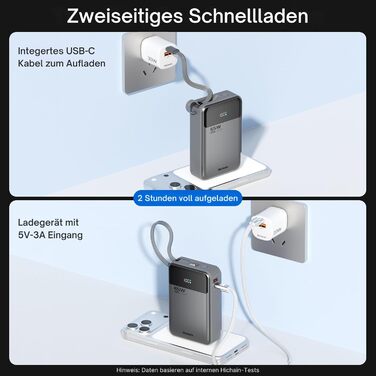 Power Bank Hichain 65W 20000mAh з кабелем USB-C, LED дисплей, чорний - для MacBook, iPhone, Samsung, iPad