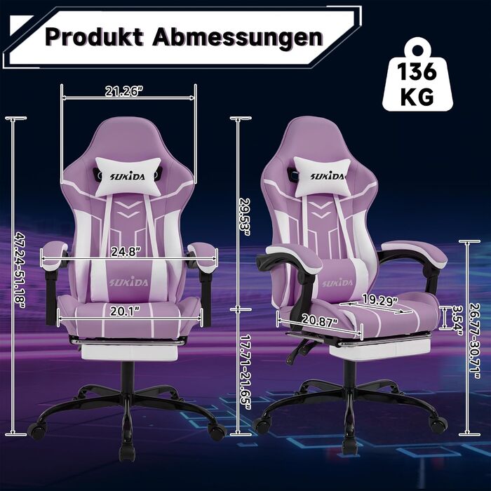 Ігрове крісло SUKIDA Ergonomic Gaming Chair з підставкою для ніг та підтримкою попереку, фіолетово-біле