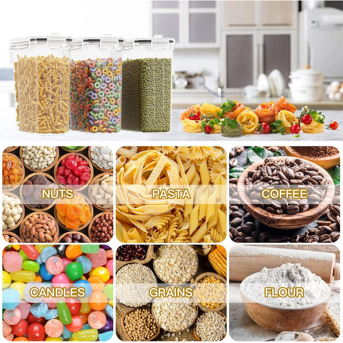 Набір контейнерів для зберігання Withosent 24 шт. з кришкою, пластикові, для продуктів, зерна, мюслі, з етикетками та ложкою (2L 1.6L 0.8L)