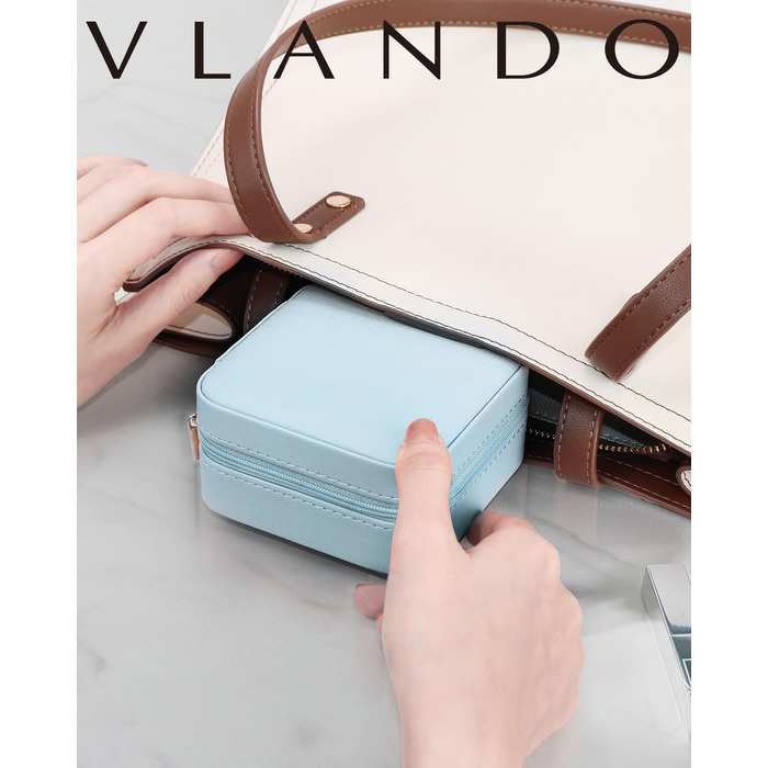 Скринька для прикрас Vlando з екошкіри, маленька, для подорожей, сережки, намиста, з дзеркалом (отвори для сережок, блакитна)