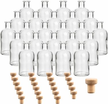 Gouveo 24-Piece Glass Bottles 100 ml Apothecary Design Round with Corks (HGK) - Small 0.1 l Glass Bottle for Liqueur, Oil, Vinegar, Decor (AFRT100HGK)