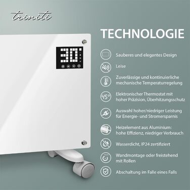 Електричний конвекторний обігрівач TRINITI з термостатом 2000W, скло, LED дисплей, таймер, захист, ролики, білий
