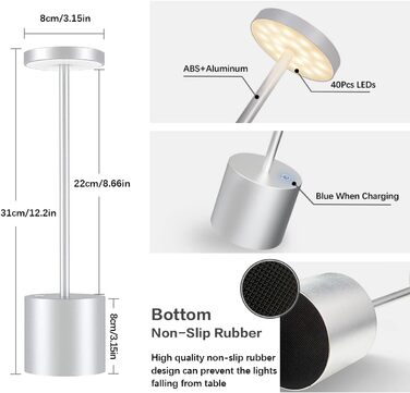 LED акумуляторна настільна лампа бездротова, 5000mAh, USB-зарядка, регулювання яскравості, 3 режими кольору, для дому та відпочинку на свіжому повітрі – срібна