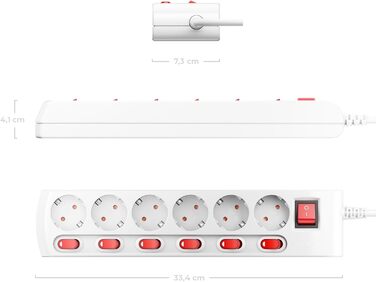 Многофункціональна мережева стрічка deleyCON з 6 розетками та індивідуальним вимикачем для кожної (біла)
