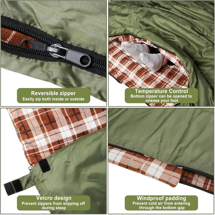Cotton Flannel Double Sleeping Bag for Camping, Hiking - Queen Size 2 Person Waterproof Sleeping Bag for Adults & Teens - Lightweight (Green/Brown)