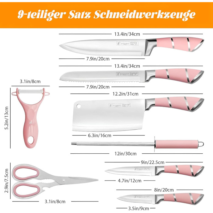 Набір кухонних ножів 9 шт. з поворотним блоком з акрилу, професійний набір кухонних ножів з нержавіючої сталі, з точилкою, подарунок для сім'ї (рожевий)