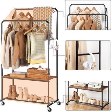 HOOBRO Clothes Rack with Wheels, Heavy Duty Clothes Rod, Garment Rack with 2 Clothes Rods and Shelf, Up to 100 kg Load Capacity, for Bedroom, Hallway, Dark Brown-Black EBF22LY01