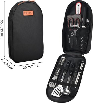 Набір кухонного приладдя для кемпінгу ISFORU 12шт: сковорода, ніж, лопатка, щипці, шумовка, дошки для нарізання. Чорний колір. Ідеально для пікніків, подорожей та походів