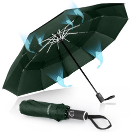Зонт Herreicher туристичний автоматичний штормостійкий, зелений - легкий алюмінієвий каркас, компактний, 102 см, 10 ребер, для чоловіків/жінок/дітей/літніх людей